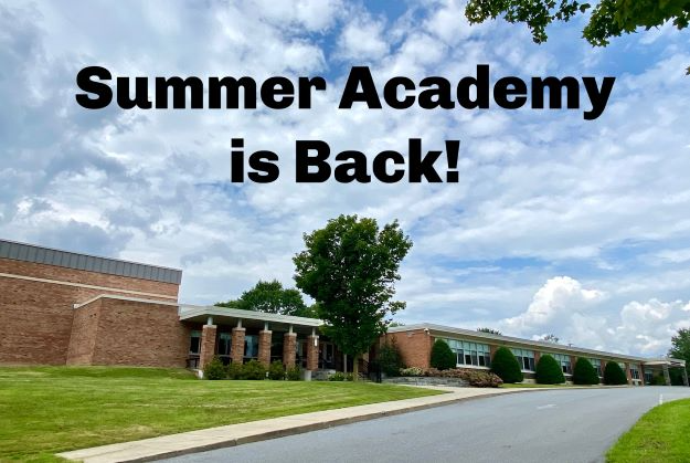 Mary J Tanner Primary Building with black text reading "Summer Academy is Back!"